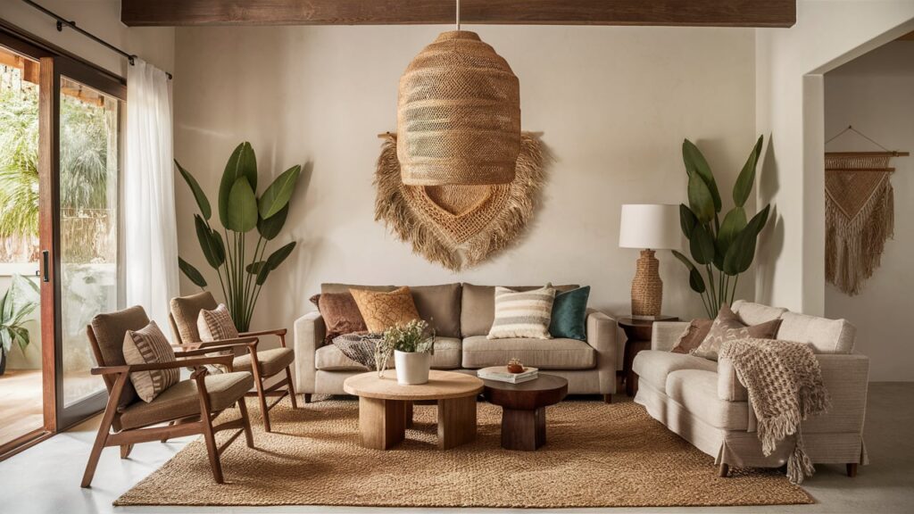 Bohemian living room with a large woven pendant light