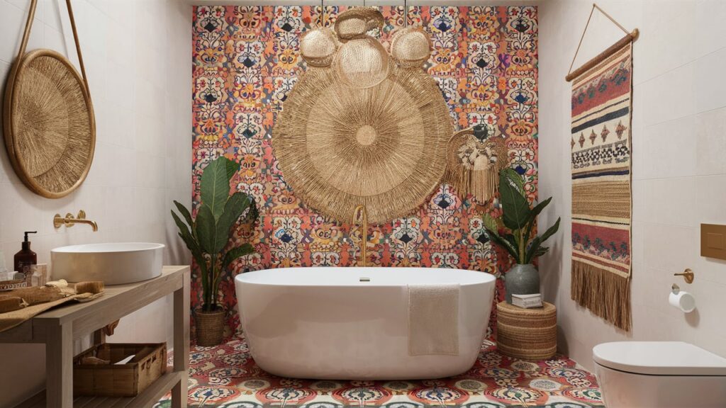 Boho bathroom with vibrant patterned tiles