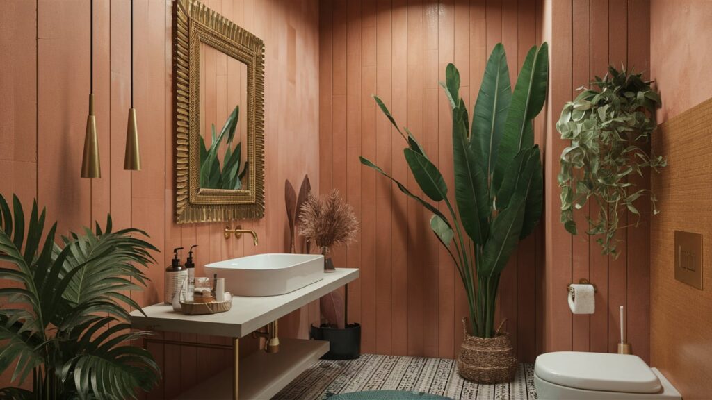 Boho chic bathroom with terracotta walls