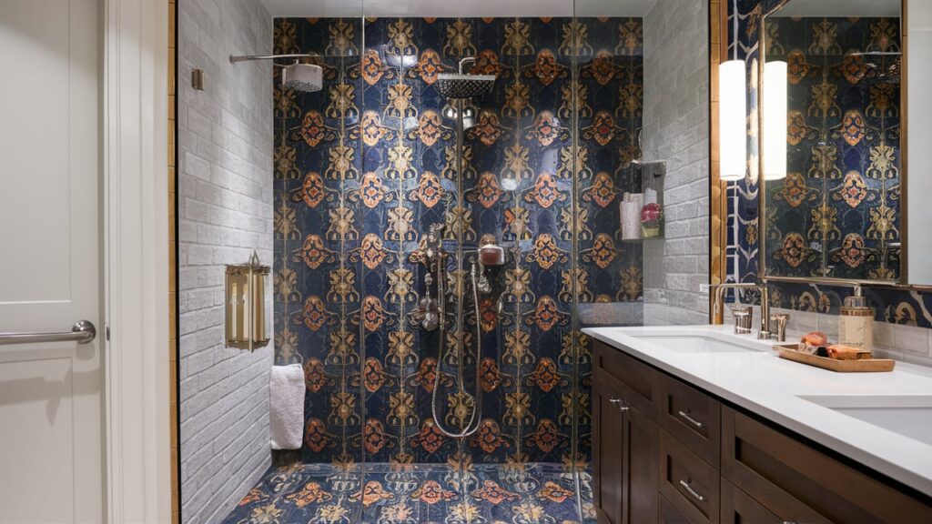 Bathroom Design with Bold, rich navy tiles 