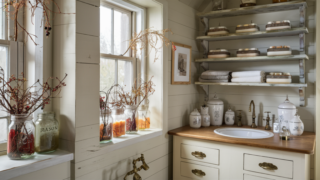 Captivating a quaint farmhouse bathroom adorned with rustic charm.