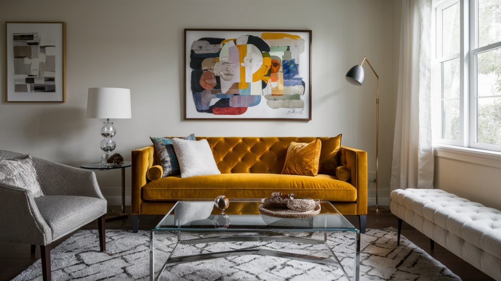 Chic velvet sofa in a vibrant mustard yellow, paired.