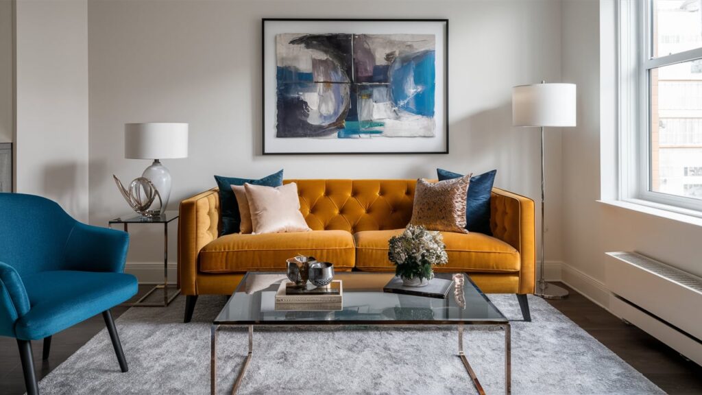 Chic velvet sofa in a vibrant mustard Room