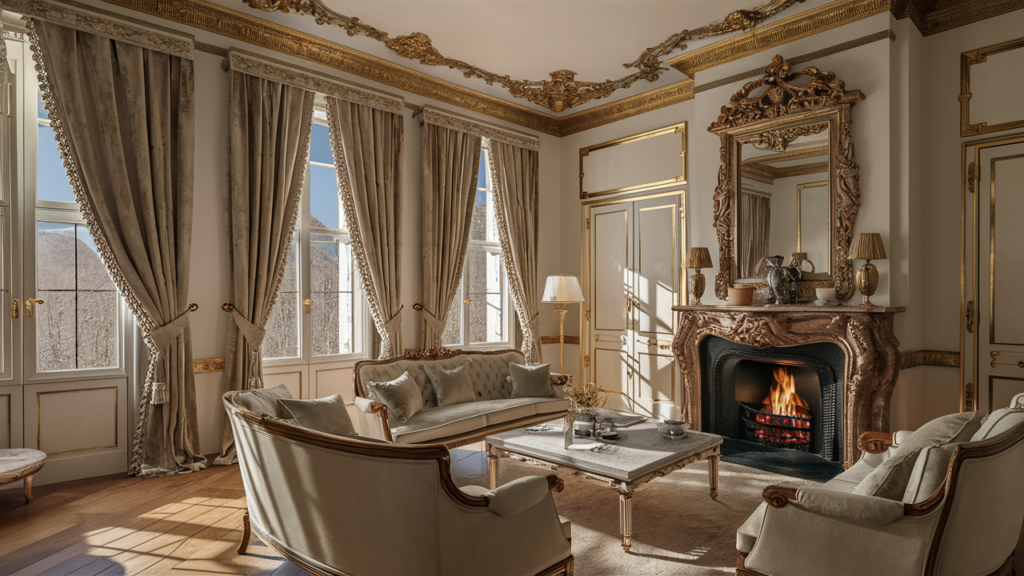 Classic luxury living room with an ornate fireplace