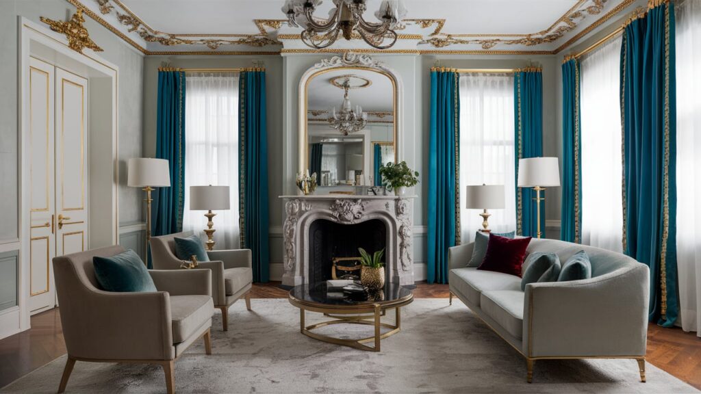 Classic luxury living room with an ornate fireplace, velvet curtains