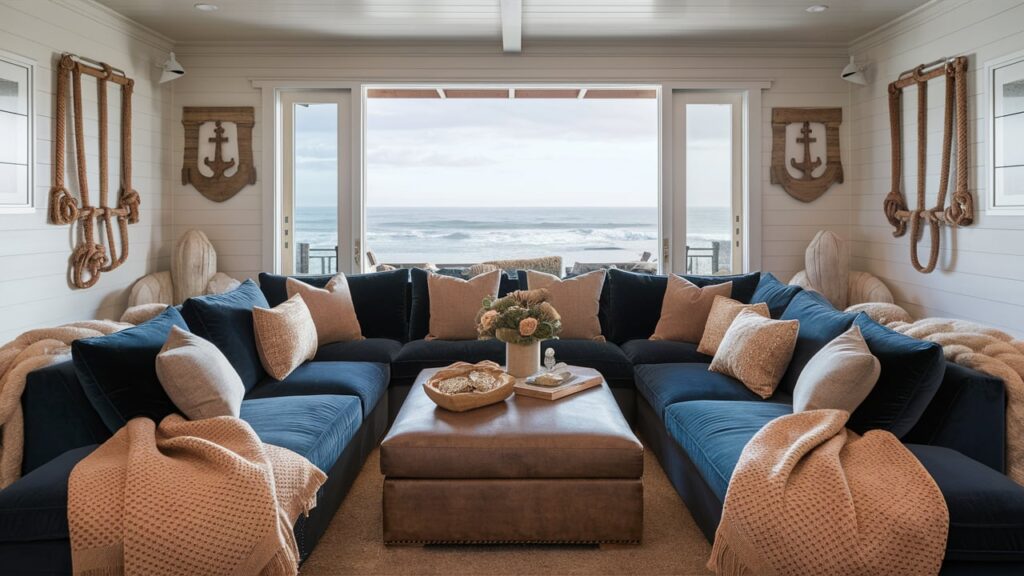 Coastal living room with a navy velvet sofa, woven throw blankets