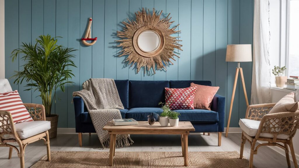 Coastal living room with a navy velvet sofa