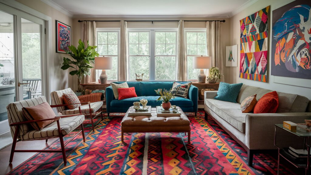 Colorful tribal-patterned rug in an eclectic living room, filled with mismatched furniture