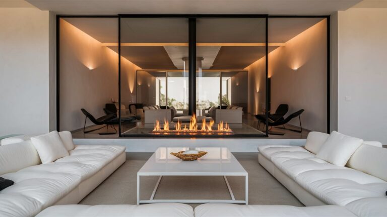 Contemporary living room with a floor-to-ceiling glass