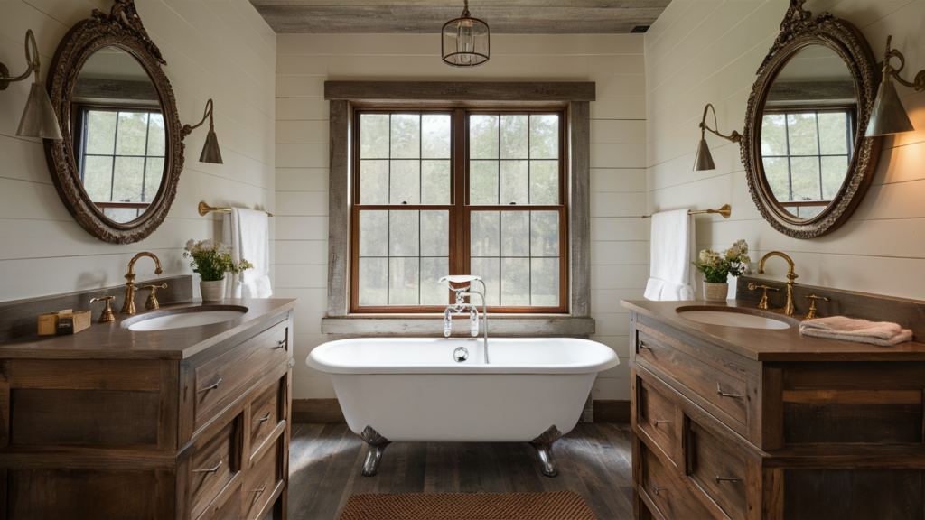 Cozy farmhouse bathroom with rustic wood accents