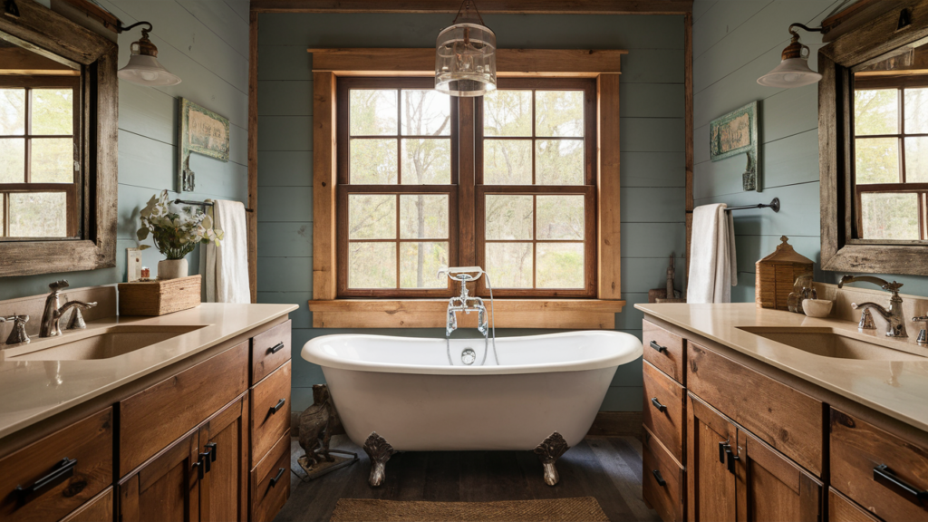 Cozy farmhouse bathroom with rustic wood accents, vintage mirrors