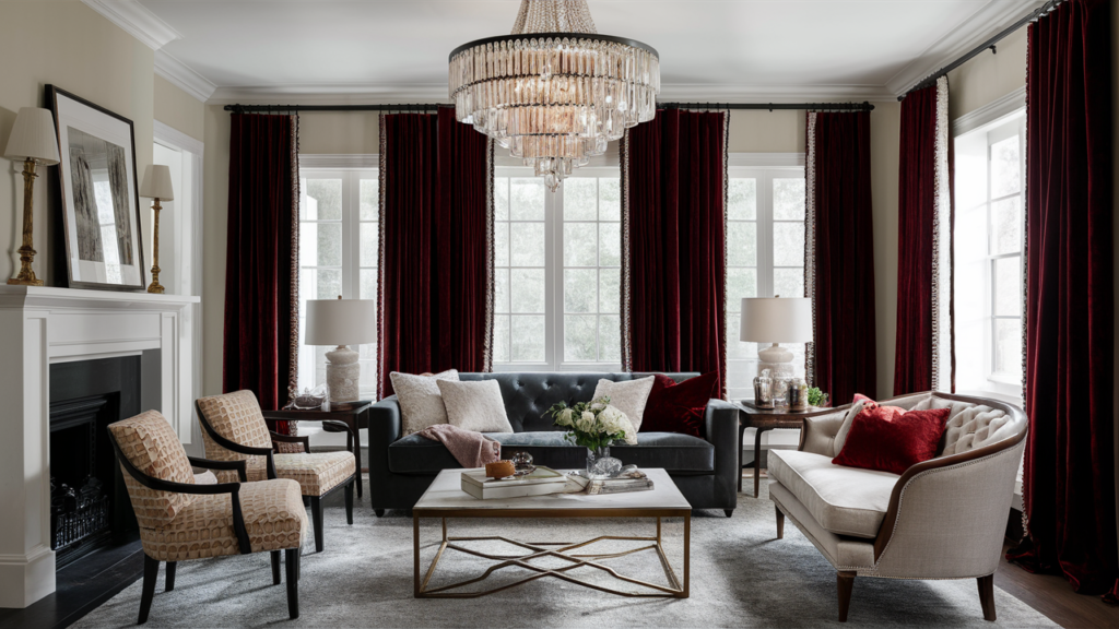 Cozy living room featuring a crystal chandelier