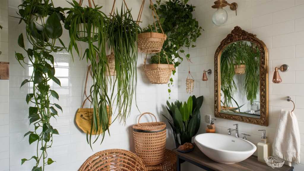 Eclectic boho bathroom featuring hanging plants