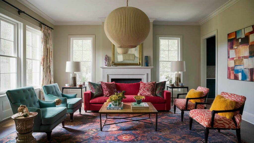 Eclectic living room with a statement oversized pendant light