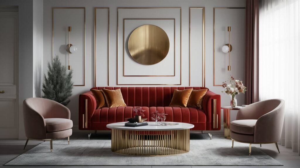 Elegant velvet sofa with gold accents in a modern living room