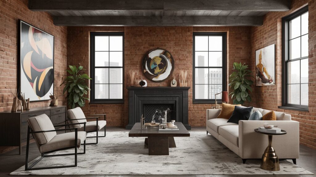 Industrial and eclectic fusion living room 