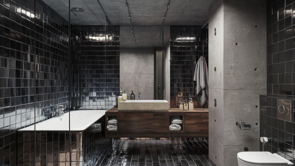 Industrial-style bathroom featuring dark metallic tiles