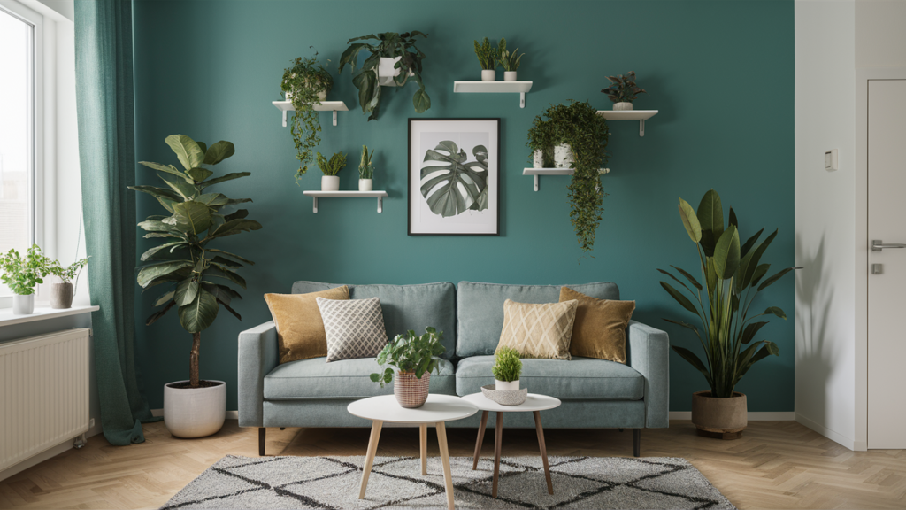 Living room with indoor plants placed on floating shelves.