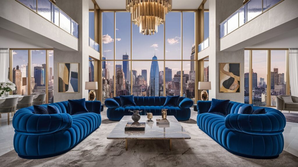 Luxurious penthouse living room featuring a royal blue velvet sofa