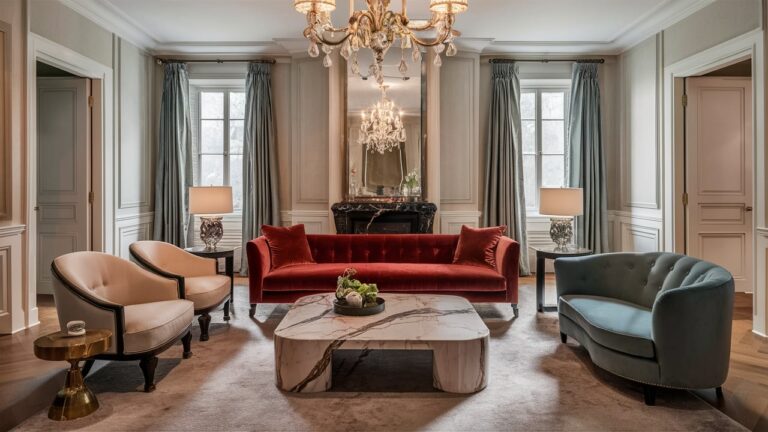 Luxury living room with a velvet sofa and two chairs arranged