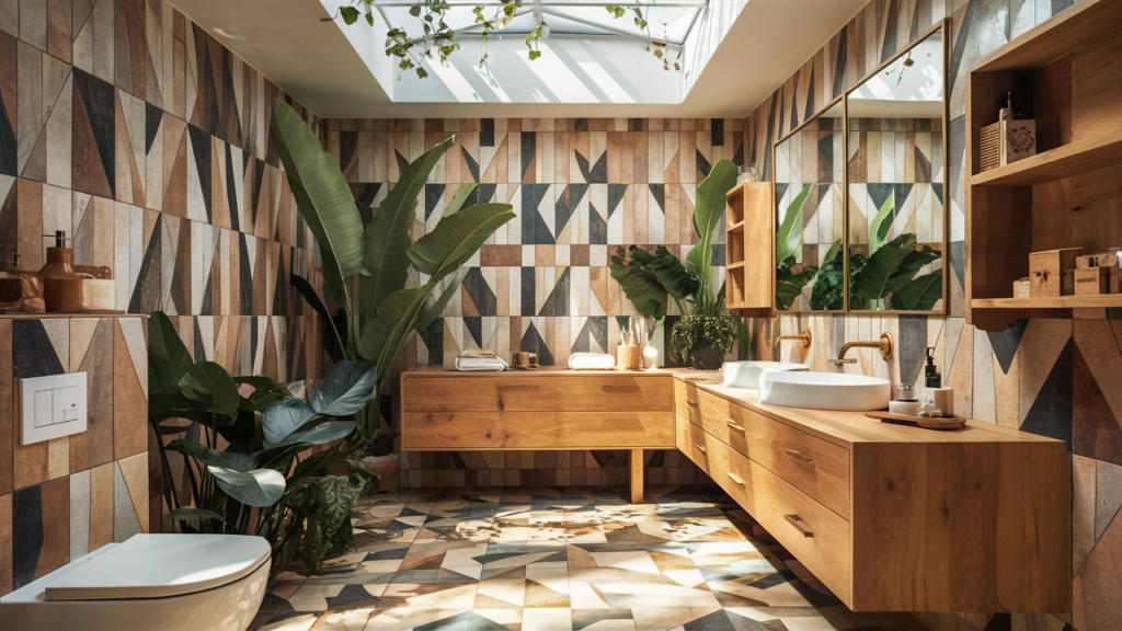 Modern boho bathroom with geometric tiles