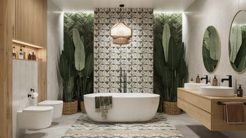 Modern boho bathroom with geometric tiles