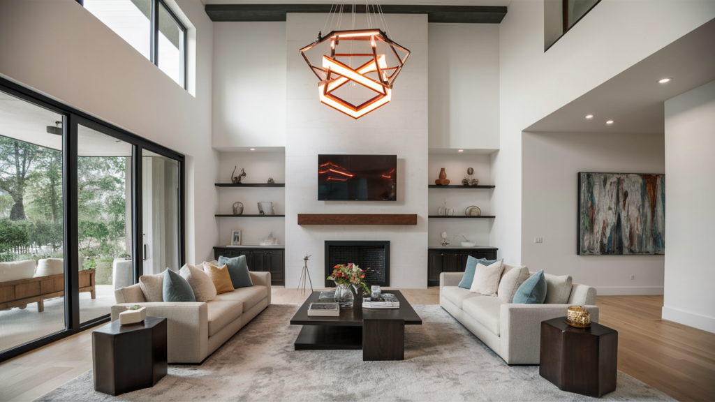 Modern living room with a bold geometric chandelier