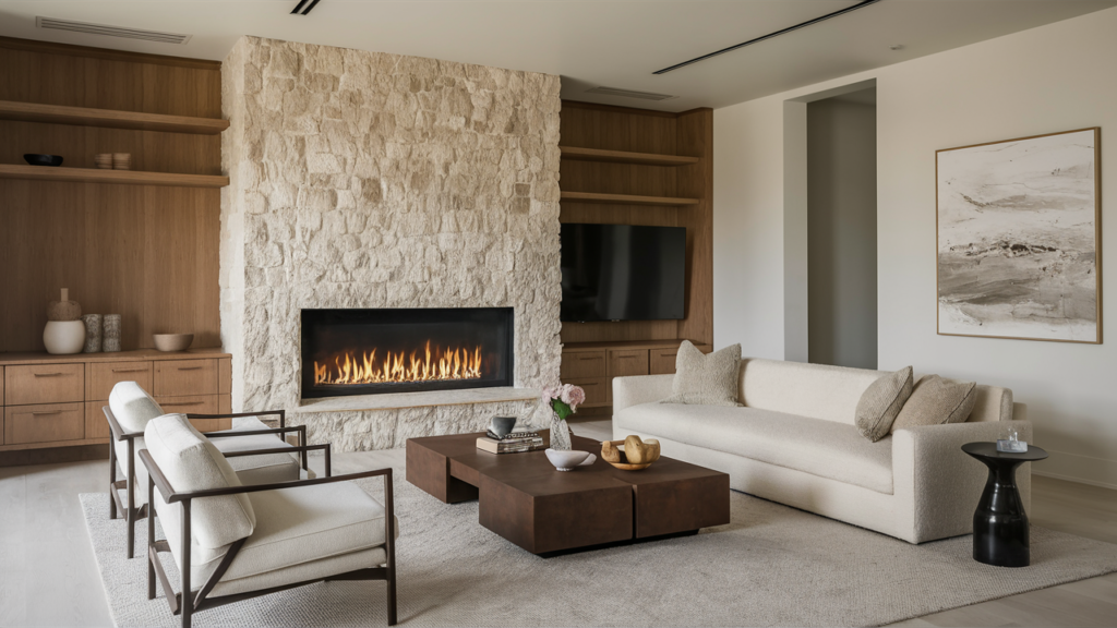 Modern living room with a sleek stone fireplace