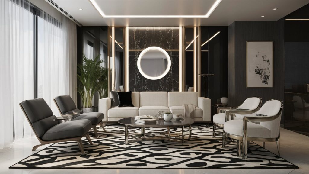 Monochrome black-and-white patterned rug in a contemporary living room.