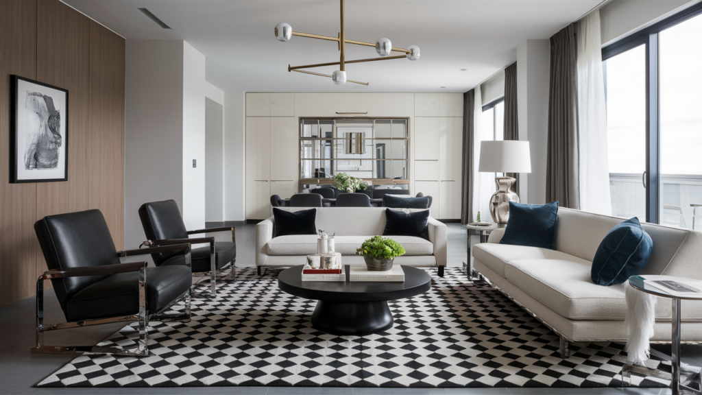 Monochrome black-and-white patterned rug.