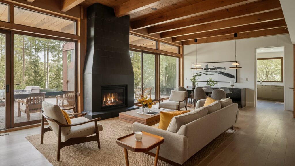 Open-concept living room with a central fireplace, mid-century