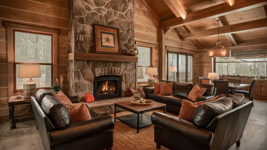 Rustic cabin living room with a stone fireplace, leather seating, and warm plaid accents