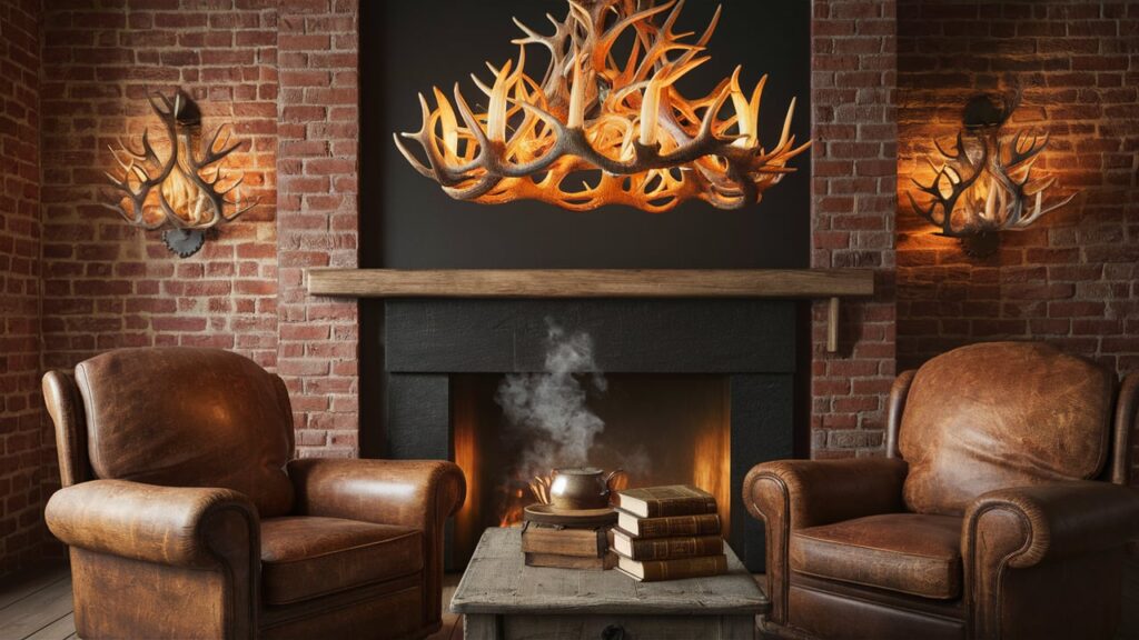 Rustic living room with a large antler chandelier