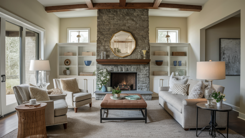 Transitional living room with a stone fireplace