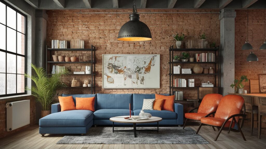 Urban loft living room with a large industrial pendant light