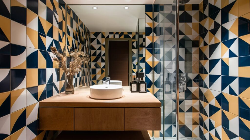 bathroom with patterned bold tiles