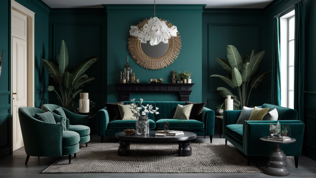 contrasting dark and light tones, rich velvet sofas, and botanical accents.