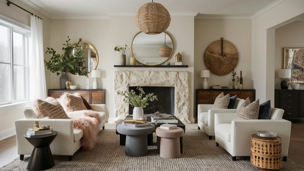 living room with velvet cushions, and a textured stone fireplace