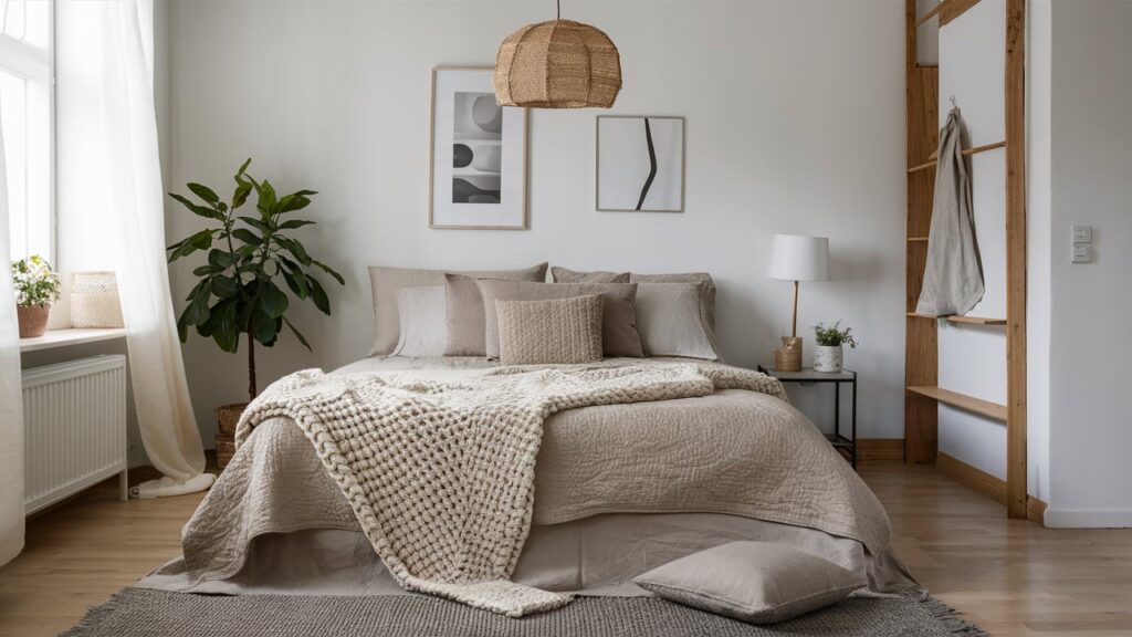 A Scandinavian-inspired Bed Styled With Neutral-toned Layers