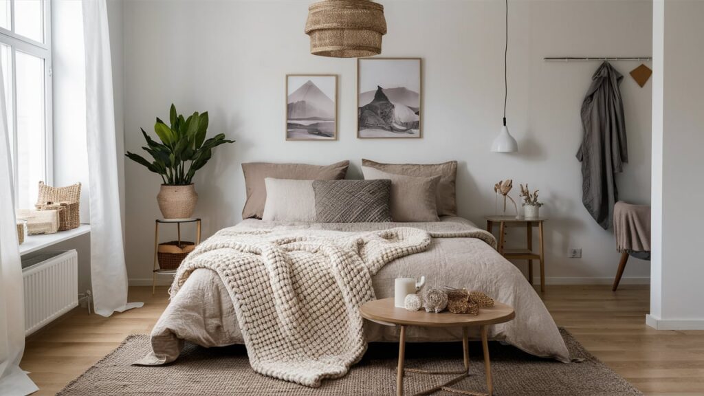 A Scandinavian-inspired bed styled with neutral-toned layers, including beige linen