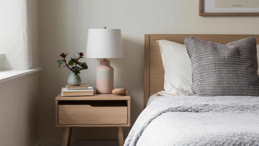 A Scandinavian-inspired bedside table in light oak