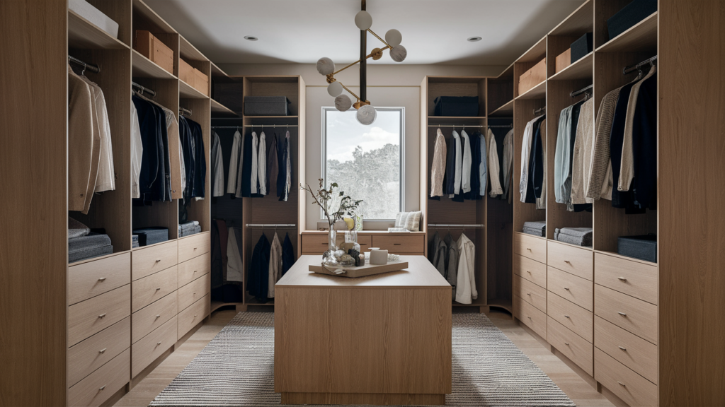 A Scandinavian-inspired Walk-in Closet With Light Wood Finishes