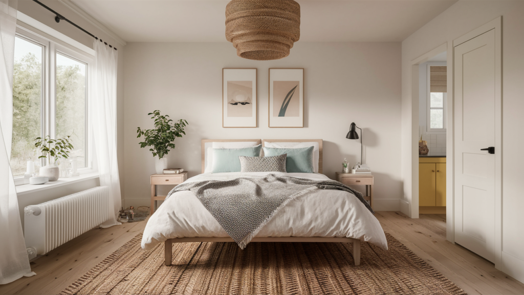A Scandinavian-style guest room with light hardwood floors