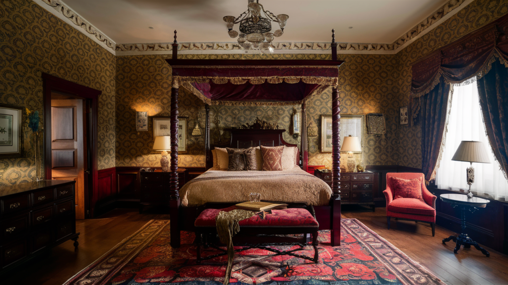 A Victorian-inspired guest room with polished mahogany hardwood floors