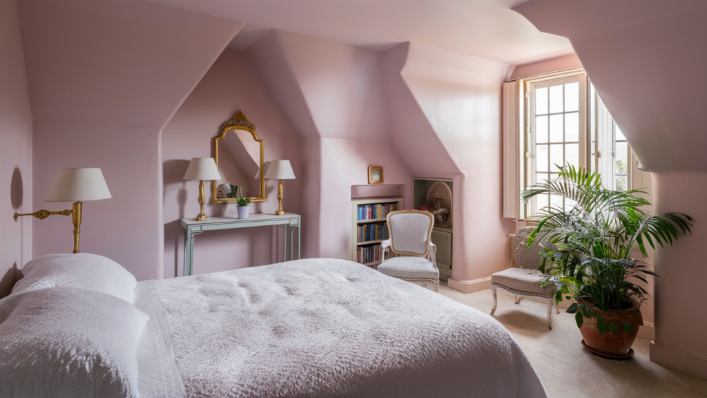 A beautifully designed bedroom features soft pastel pink walls