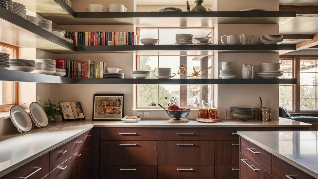 A beautifully designed kitchen featuring open shelving