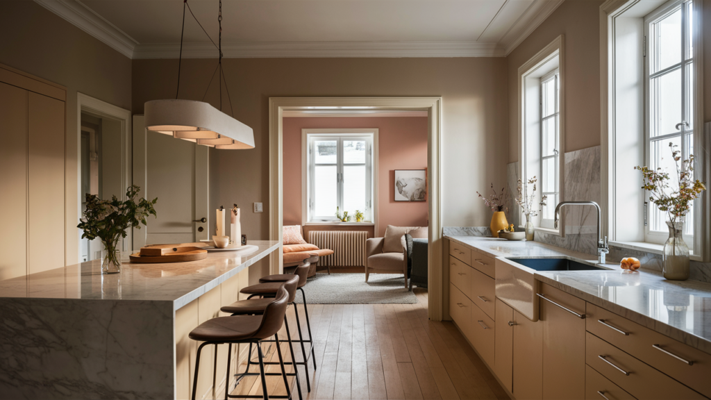 A beautifully lit Scandinavian kitchen with a modern, minimalist design