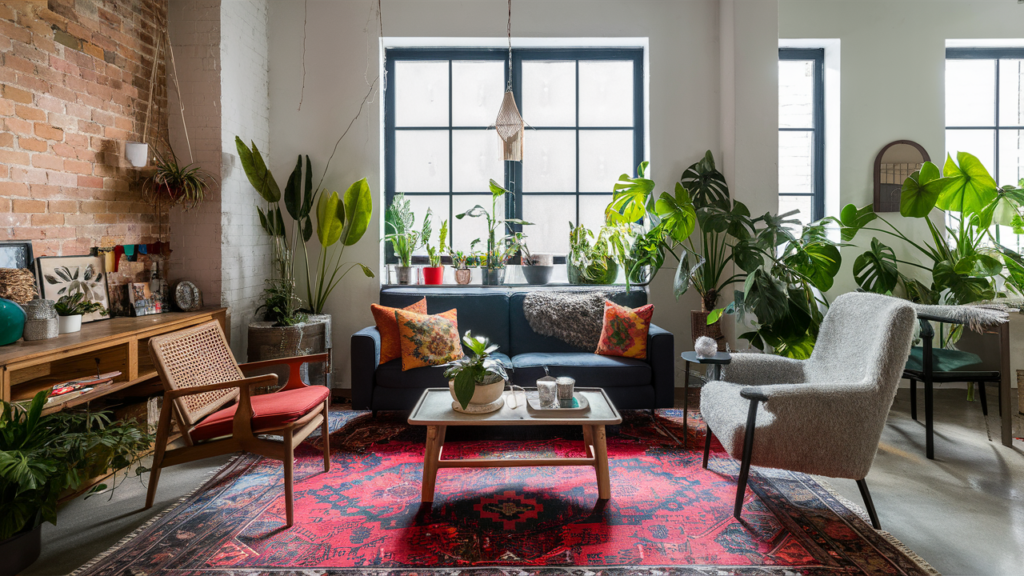 A bohemian-inspired open-concept space with patterned rugs