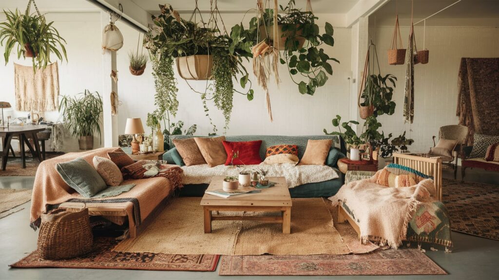 A bohemian open-plan room with a comfortable sofa, layered rugs