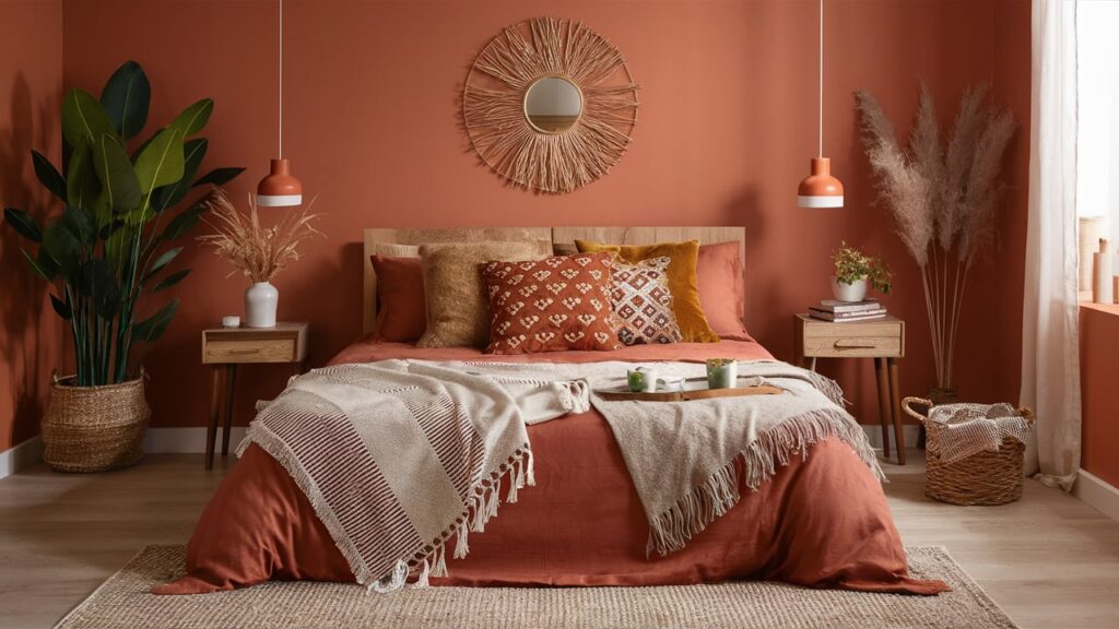 A boho-inspired bed with layered bedding in warm terracotta